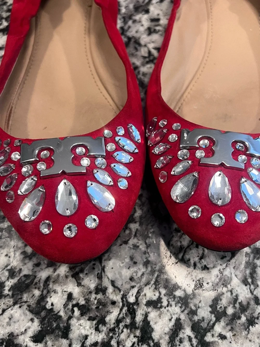 Tory Burch Red Jeweled Suede Ballet Flats